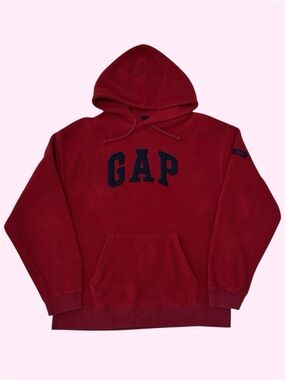 Vintage Y2K GAP Spellout Logo Fleece Hoodie Sweater Pullover Red Large
